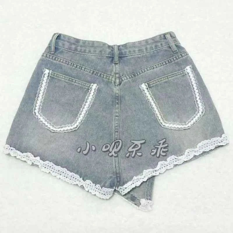 Japanese Sweet Lace Edge Patchwork Cotton Denim Cute Shorts