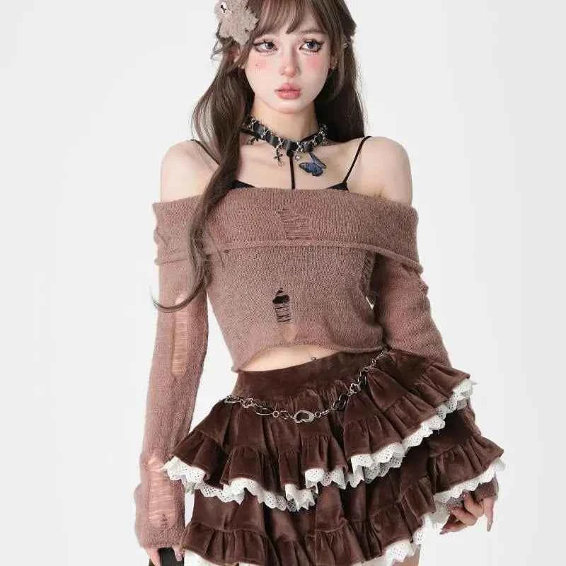 Brown Corduroy Cake Skirt Autumn-Winter Korean Style Girls