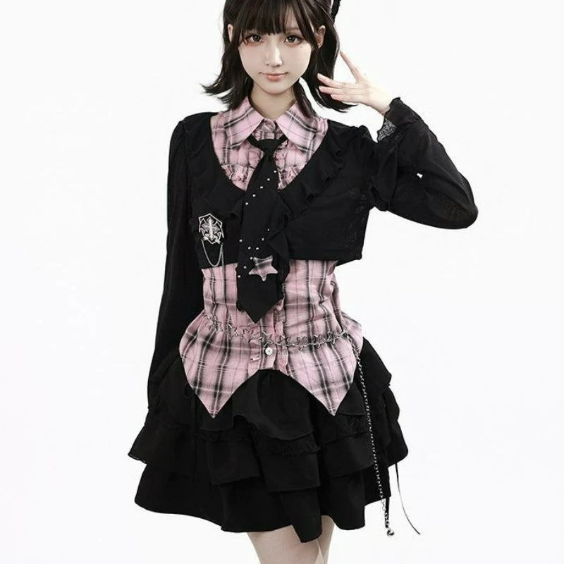 Women's Gothic Preppy Plaid Shirt, Ruffle Cardigan & Tiered Skirt Set