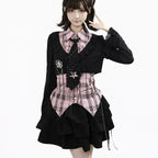 Women's Gothic Preppy Plaid Shirt, Ruffle Cardigan & Tiered Skirt Set