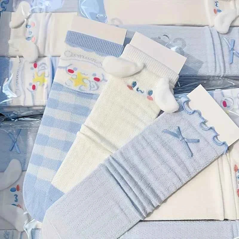 3Pcs Cinnamoroll mid-tube socks for girls light blue socks kawaii style pure cotton soft long socks warm thick cotton socks