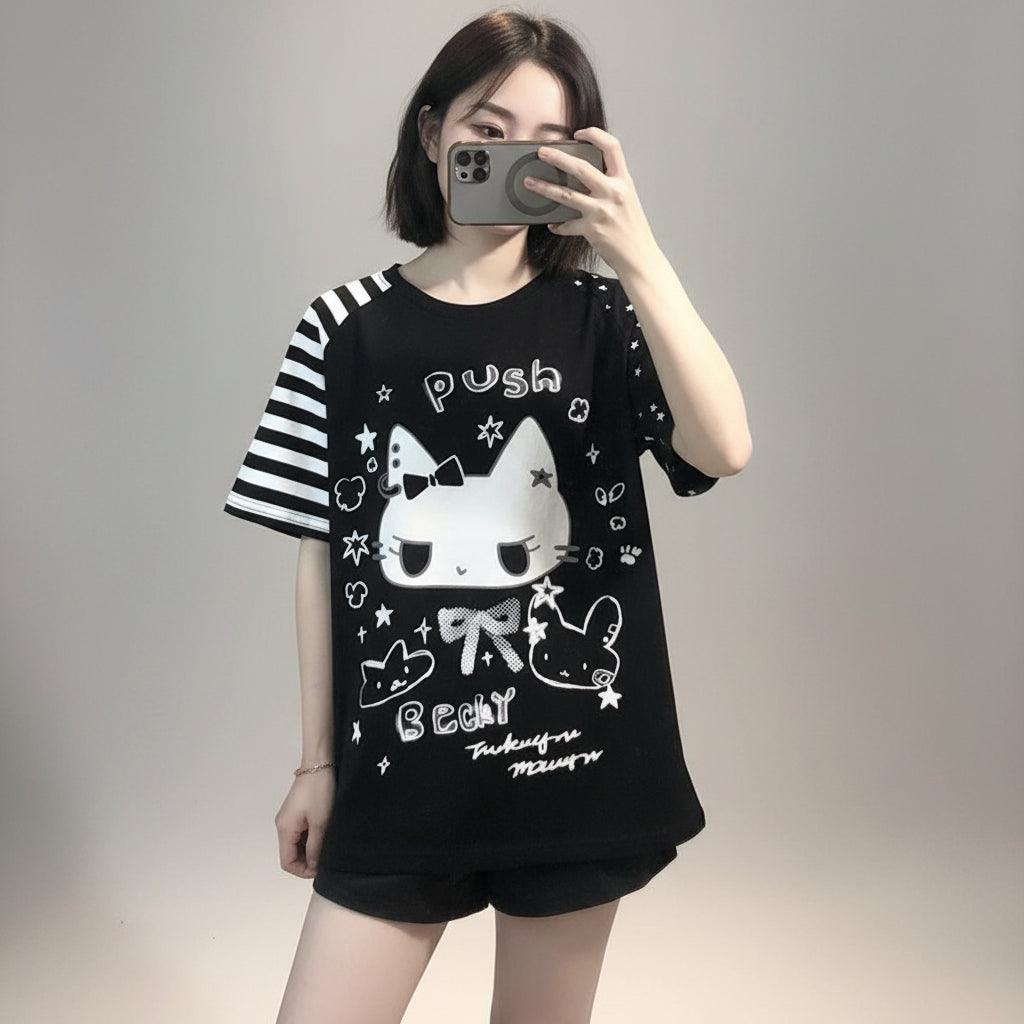 Cat Print Cute Woman Tshirts Tops Japanese Tees Short Sleeve - Vusy Kawaii Shop