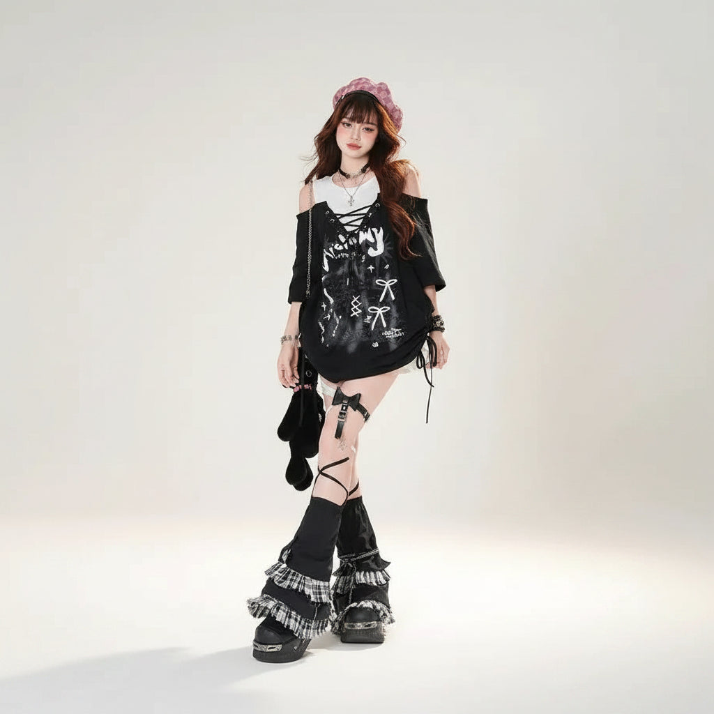 Fake Two Piece Spliced Graffiti Printed Short Sleeve - Vusy Kawaii Shop