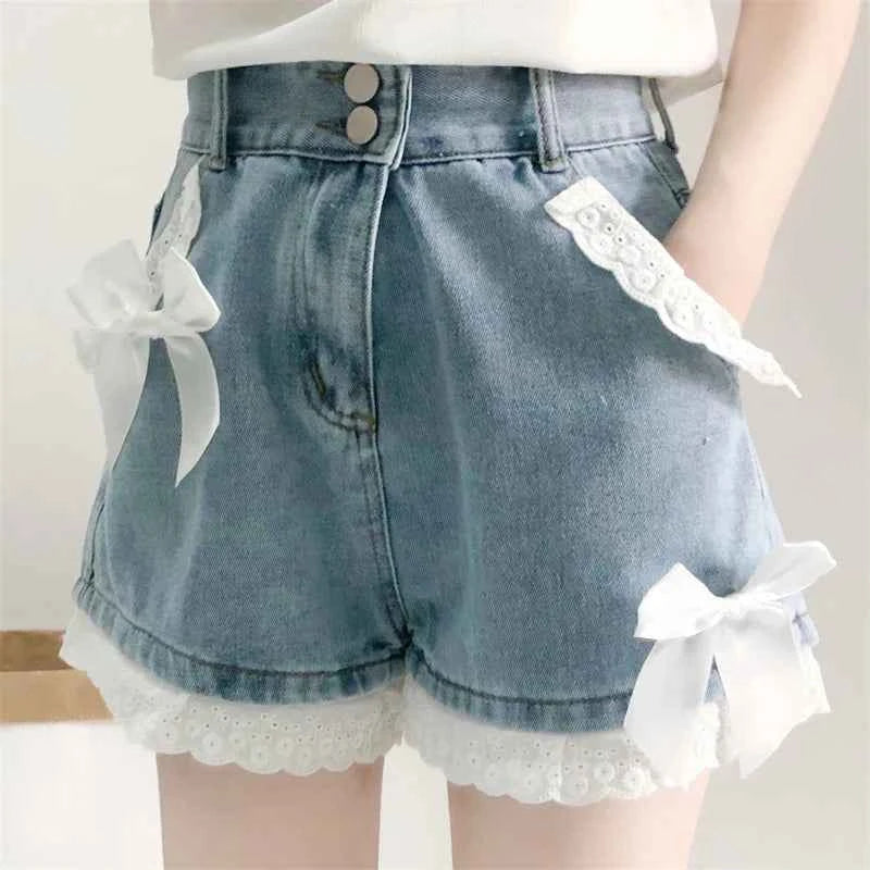 Summer Lolita Denim Shorts Teen Girls Kawaii Bow Lace Hem Women Wide Leg Jeans 2025 Korean Fashion High Waist Casual Short Pants