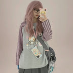 Gray Pink Striped Print Raglan Sleeve O-Neck Long Sleeve - Vusy Kawaii Shop