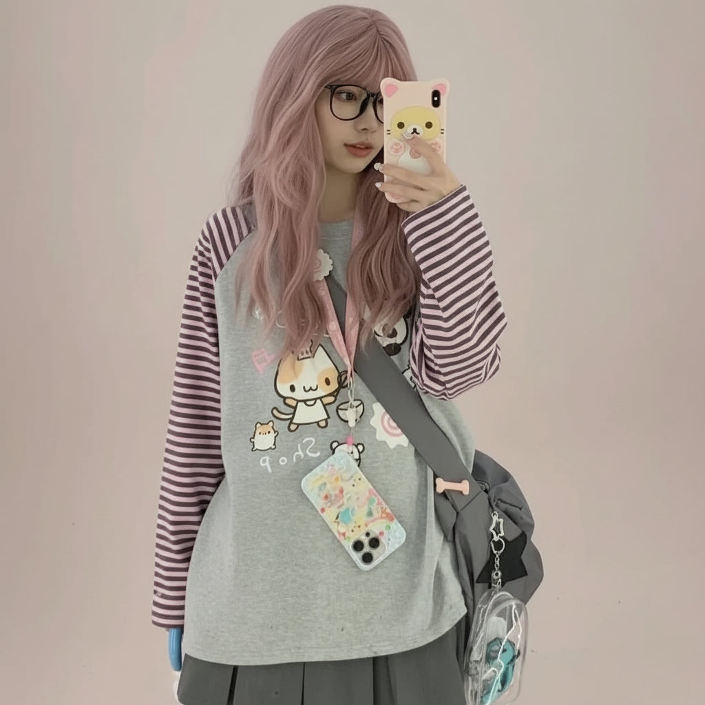 Gray Pink Striped Print Raglan Sleeve O-Neck Long Sleeve - Vusy Kawaii Shop