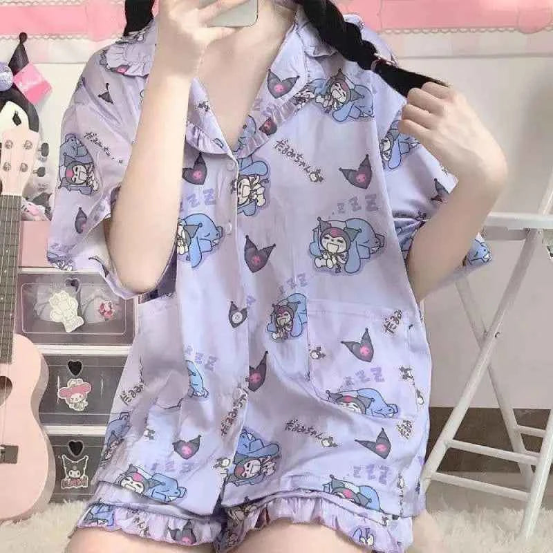 Cartoon Sanrioed Pajamas Suit Kawaii Hello Kittys Kuromi Summer Home Clothes Anime Casual Short Sleeves Shorts Student Sweet