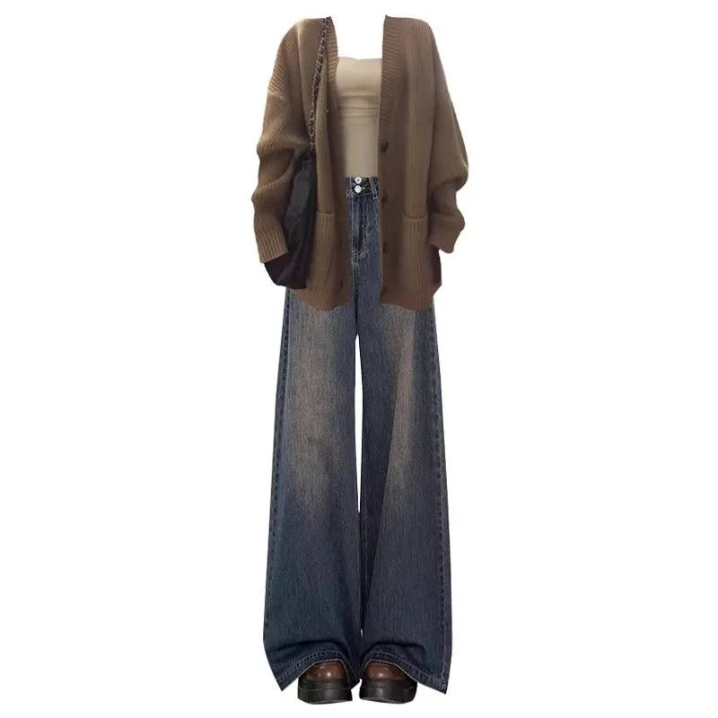 Mocha Cardigan Tube Top and Wide Leg Jeans Set, full-length styled view with the mocha cardigan, cream tube top and wide-leg jeans with brown shoes