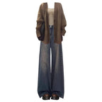 Mocha Cardigan Tube Top and Wide Leg Jeans Set, full-length styled view with the mocha cardigan, cream tube top and wide-leg jeans with brown shoes