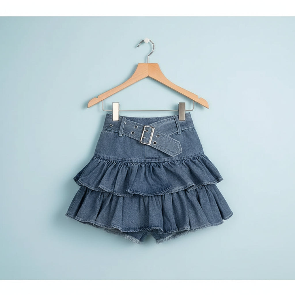 Skirt Set Bow Tie Love Hollow Out Crop Top Denim Ruffled - Vusy Kawaii Shop