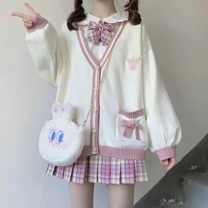 Pink Bow Women Sweaters Cardigan Korean Sweet Knitted Loose - Vusy Kawaii Shop
