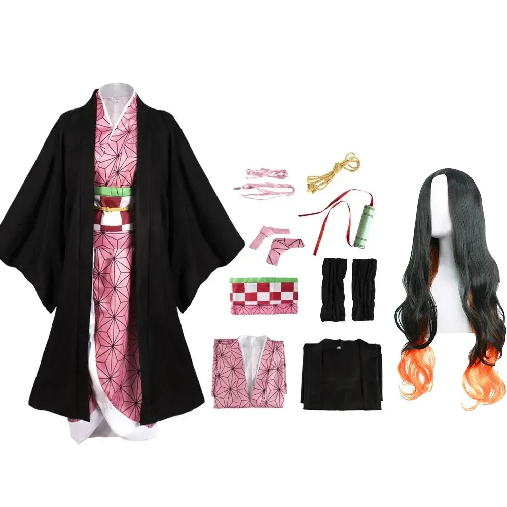 Nezuko Kamado Demon Slayer kimono set with wig and accessories, front view