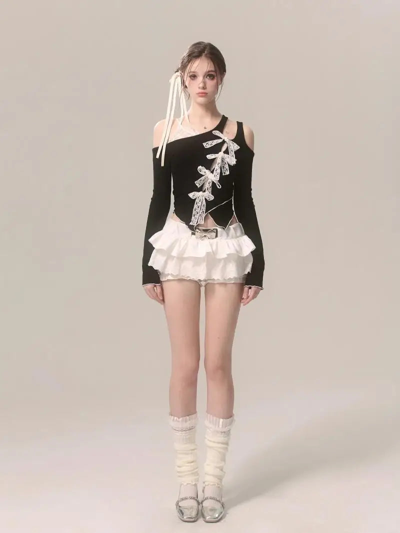Black Slant Collar Lace Bow Irregular Long Sleeve T-shirt - Vusy Kawaii Shop