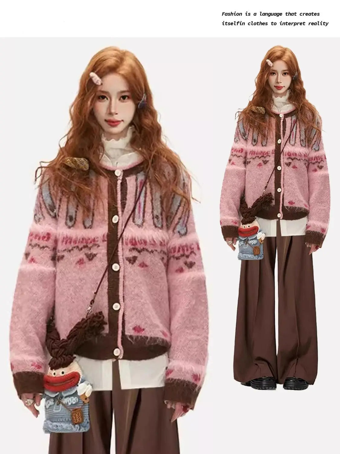 Pink Fel Island Jacquard Sweater Women Clothing - Vusy Kawaii Shop
