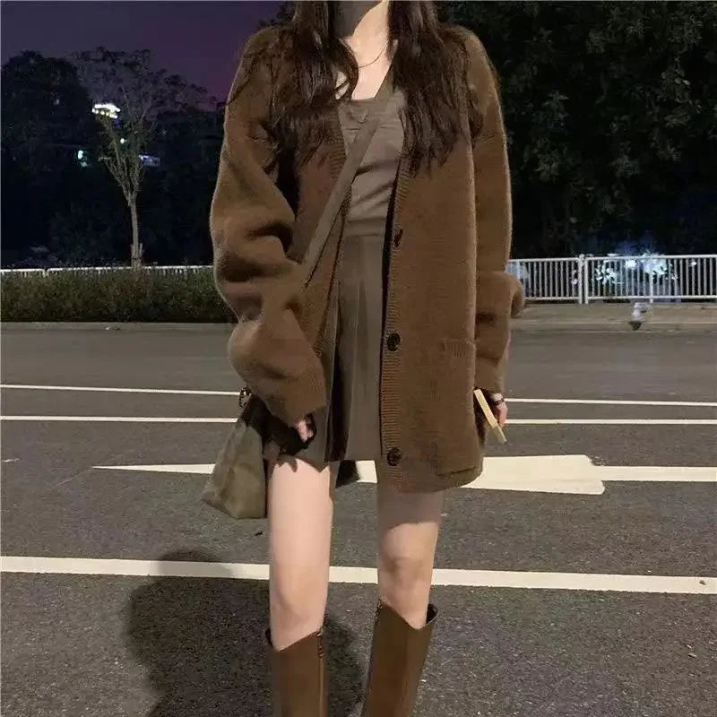 Women Suit Autumn V Neck Single Breasted Long Sleeve Knitted - Vusy Kawaii Shop