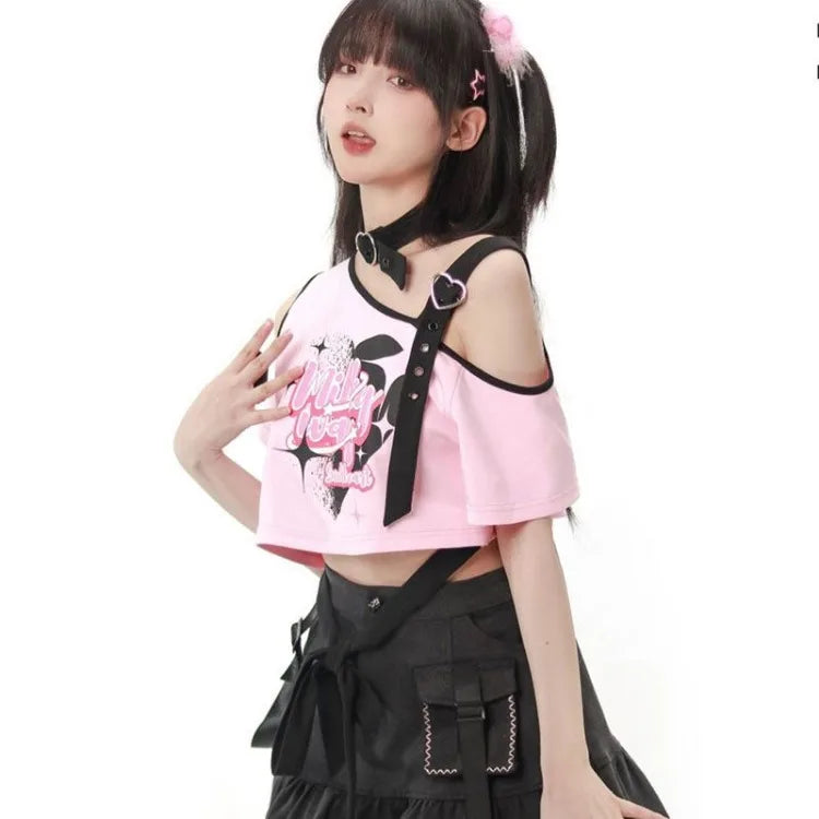 American Sexy Hollow Out Black Pink T-Shirts Summer Print - Vusy Kawaii Shop