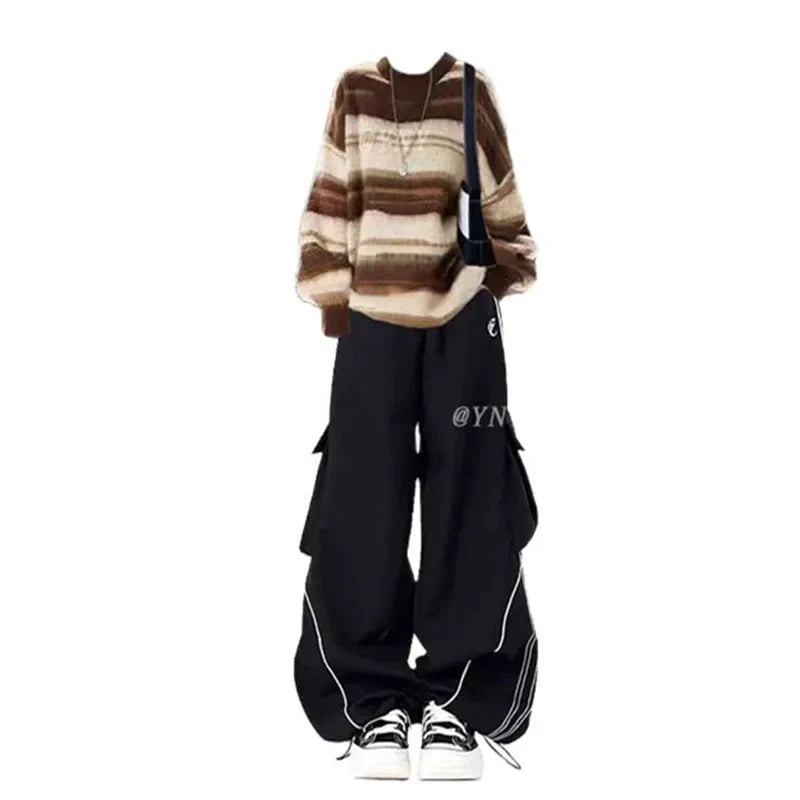 Brown Striped Sweater and Black Cargo Pants Set, model wearing the striped fuzzy sweater with black cargo pants and sneakers