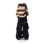 Brown Striped Sweater and Black Cargo Pants Set, model wearing the striped fuzzy sweater with black cargo pants and sneakers