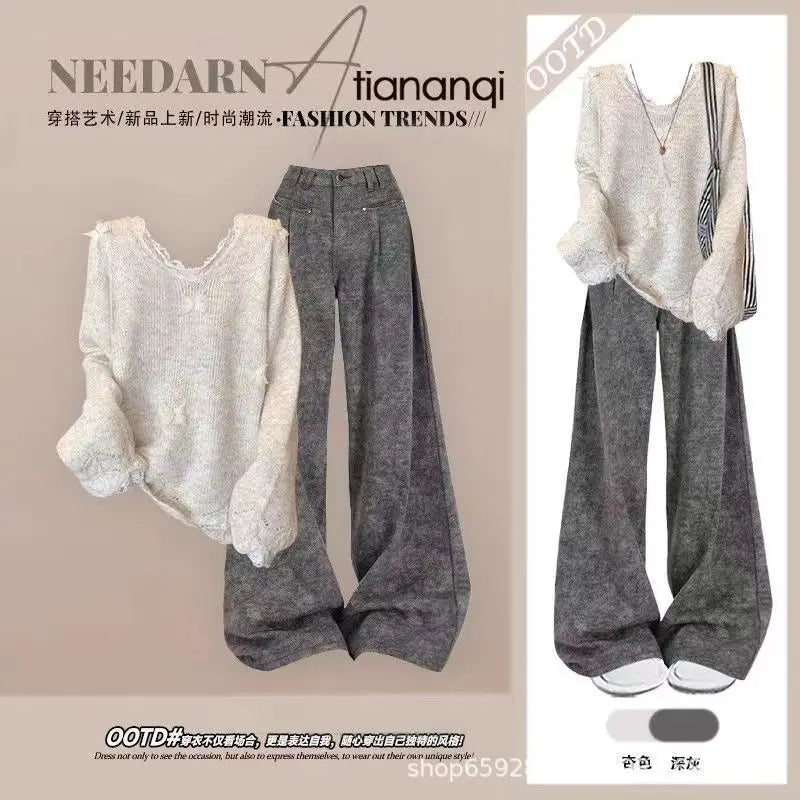 White Lace Trim Knit Top and Gray Pants Set, white lace trim knit top with gray wide leg pants outfit layout
