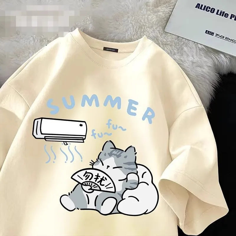 Summer Japanese Cartoon Cute Cat Fun Print Short Sleeve - Vusy Kawaii Shop
