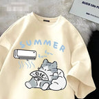 Summer Japanese Cartoon Cute Cat Fun Print Short Sleeve - Vusy Kawaii Shop