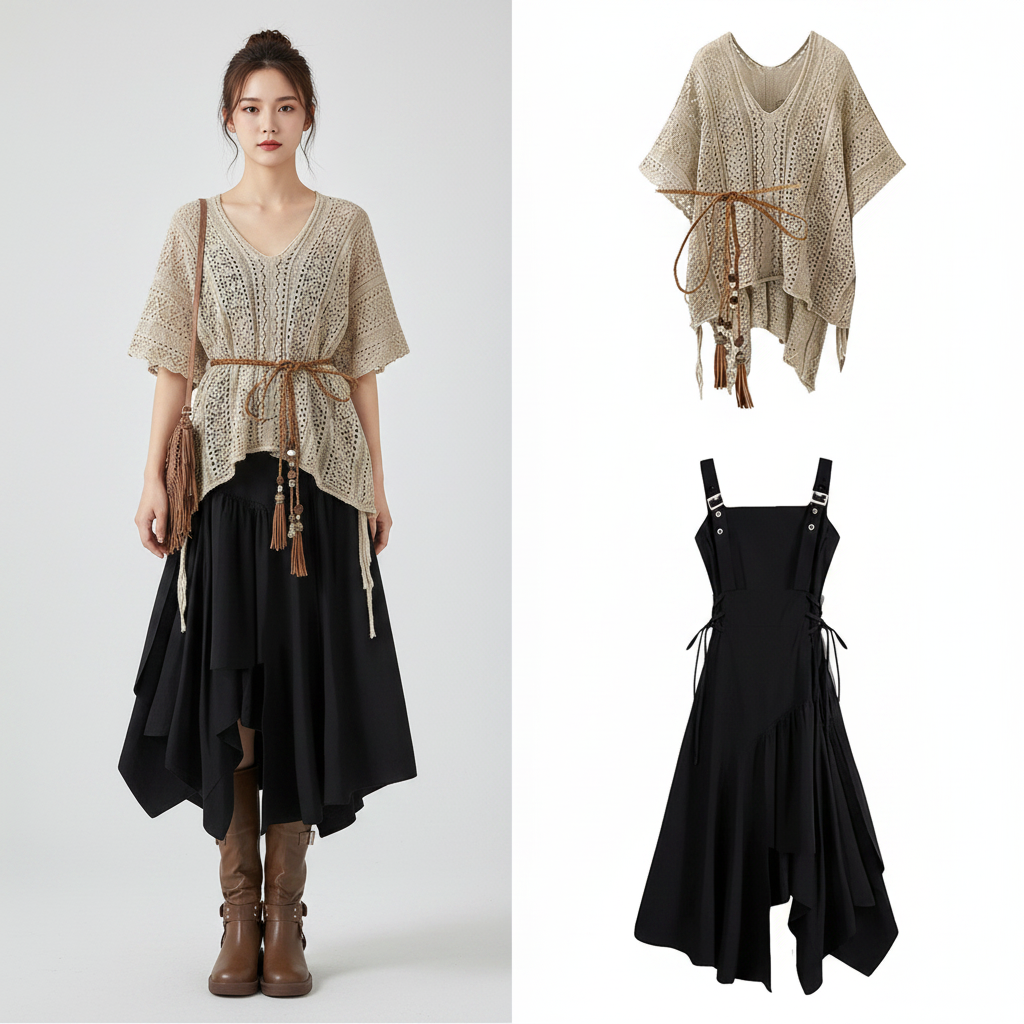 Elegant Knit Top Flowy Dress Spring Autumn Set - Vusy Kawaii Shop