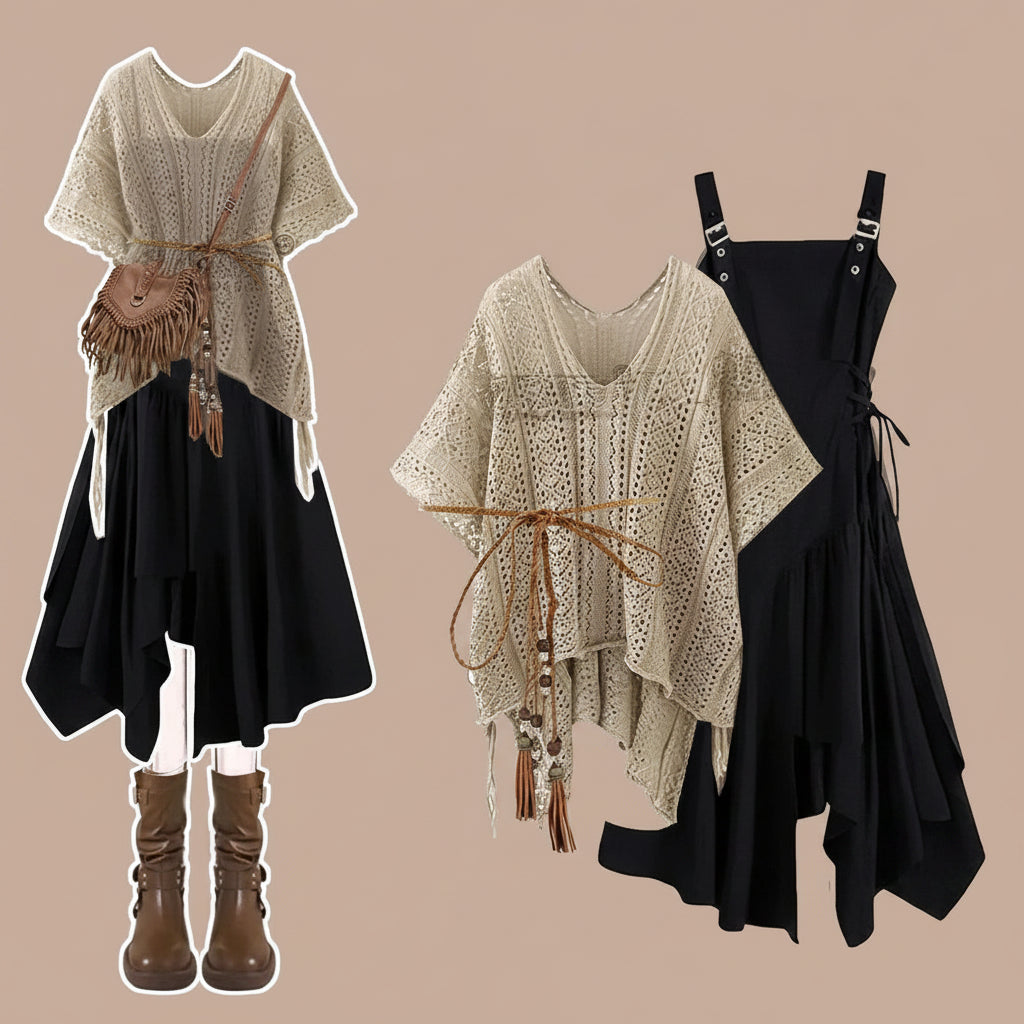 Elegant Knit Top Flowy Dress Spring Autumn Set - Vusy Kawaii Shop