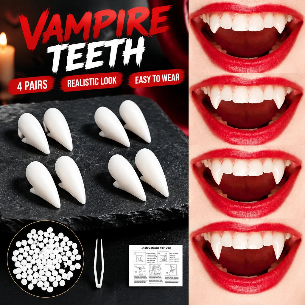 Vampire teeth fangs set with 4 pairs of white fangs, adhesive pellets and tweezers