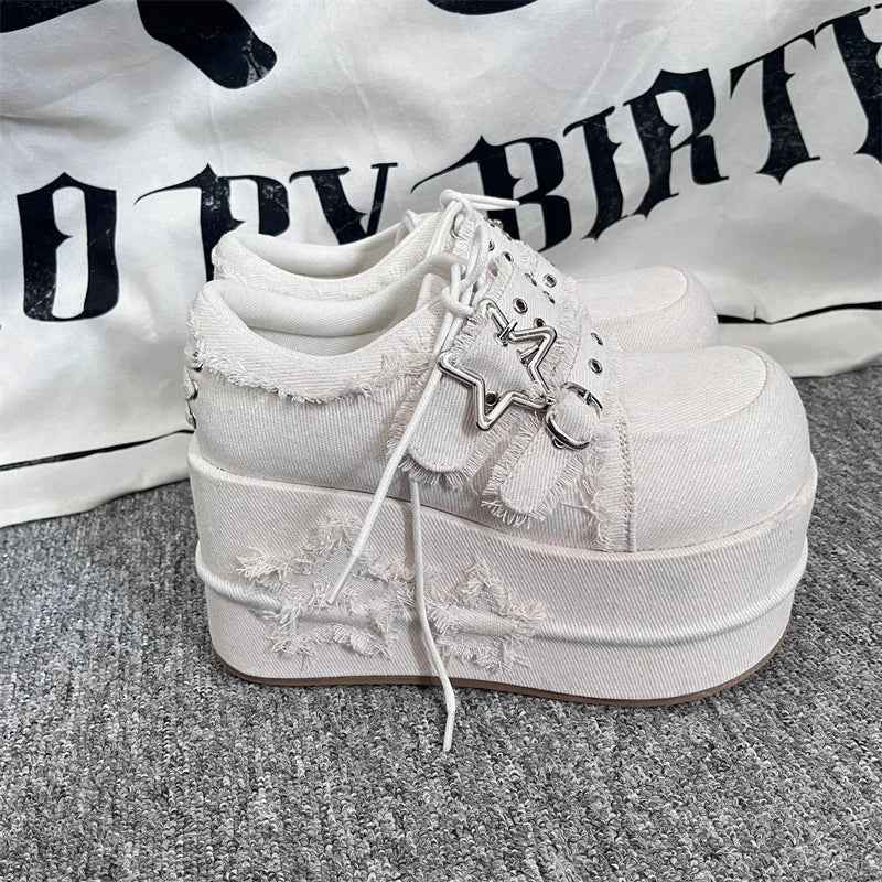 GURURU Original Star Denim Subculture Spicy Girl Thick Sole Shoes Lorita PU Round Head Fashion Street Girl Shoes