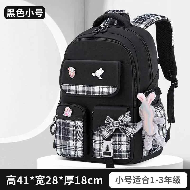 New Spine Protection Primary School Students Girls Checkered Backpack with Large Capacity Lightweight Waterproof Children's Bag