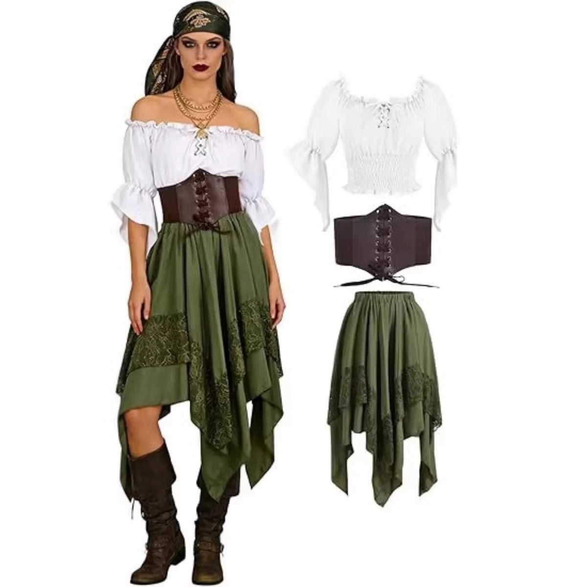 Pirate wench costume in green on model and flat lay: white blouse, brown corset, lace skirt