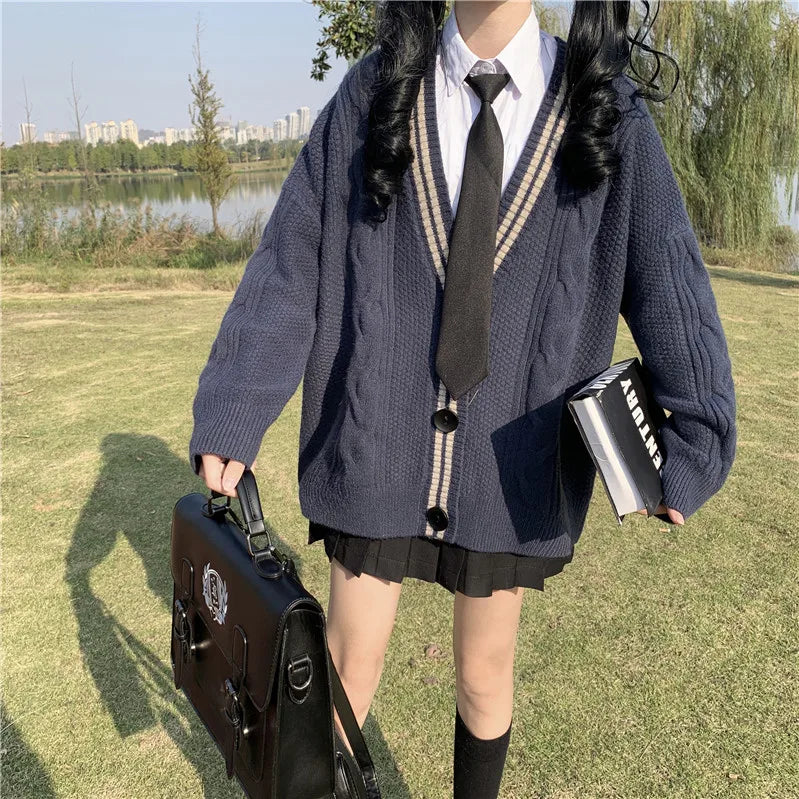 Varsity-Striped Cardigan Sweater Long Sleeve Button-up - Vusy Kawaii Shop