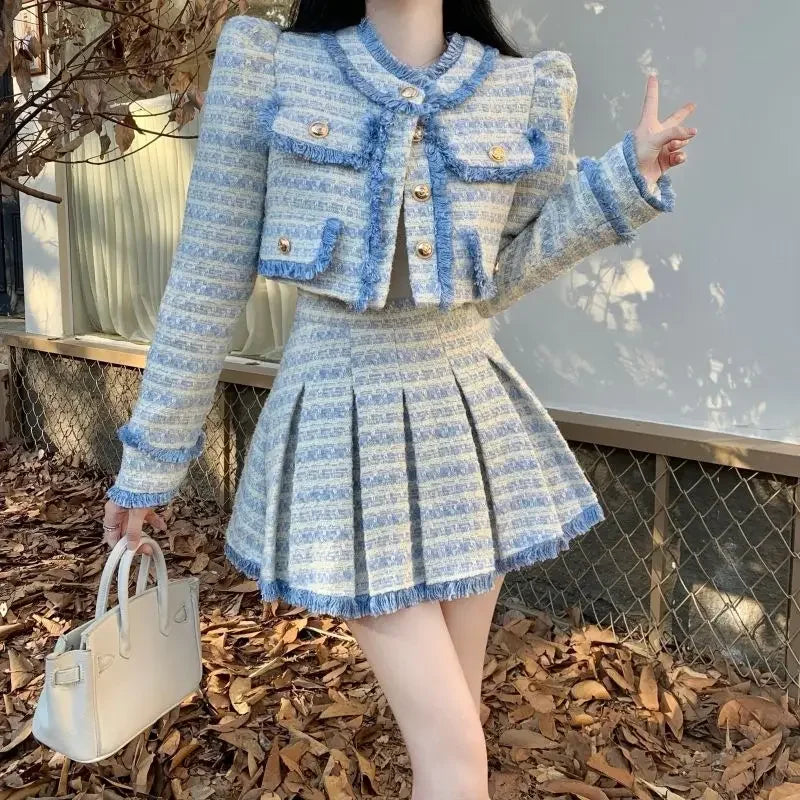 Small Fragrance Blue Tweed Coat Elegant Pink Tassel Jacket - Vusy Kawaii Shop