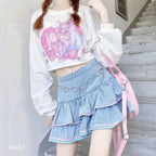 Japanese Sweet Ruched A-Line Cake Skirts High Waist Vintage