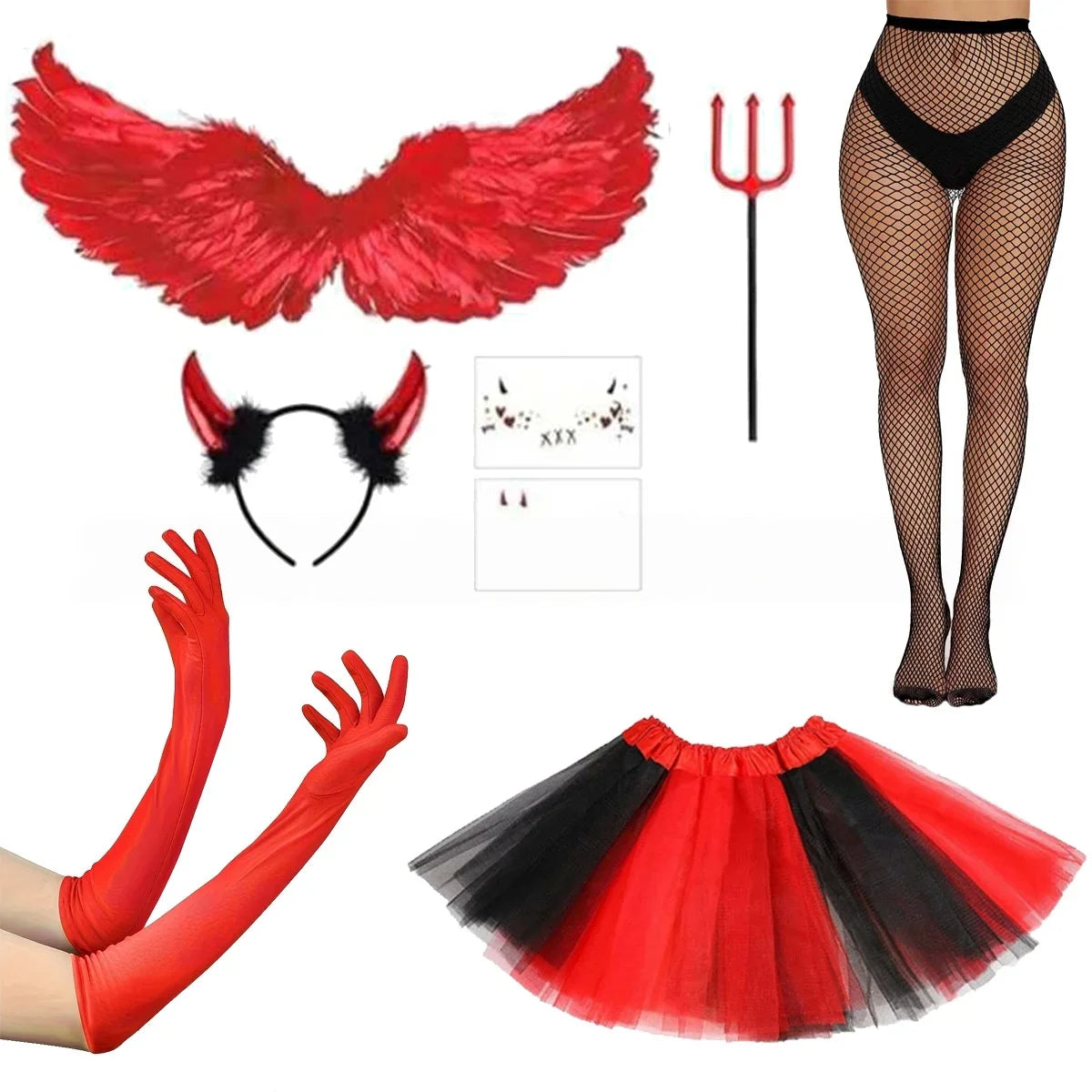 Red devil costume set with feather wings, horn headband, trident, red gloves, tutu skirt and fishnet stockings