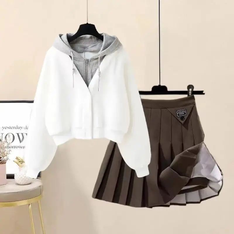 Plush Thickened Long Sleeved Hooded Mini Pleated Skirt - Vusy Kawaii Shop