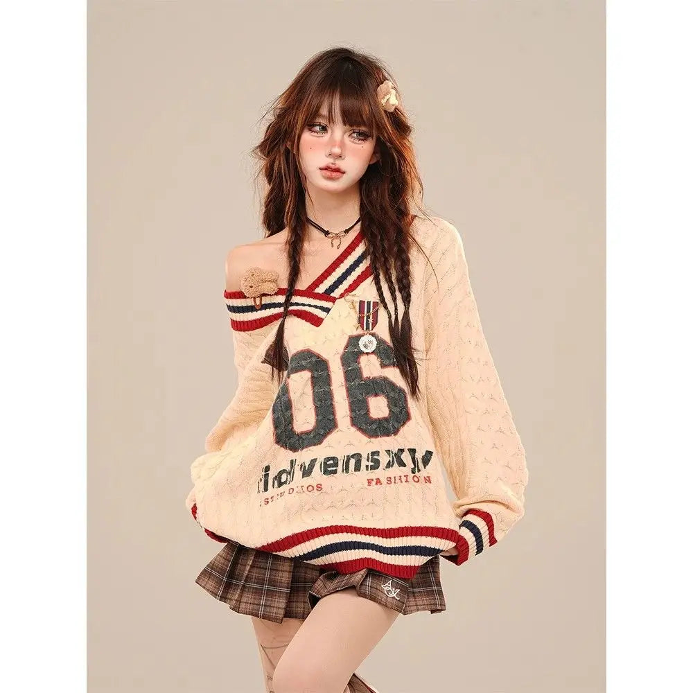 American Slouchy Off Shoulder Sweater Autumn and Winter - Vusy Kawaii Shop