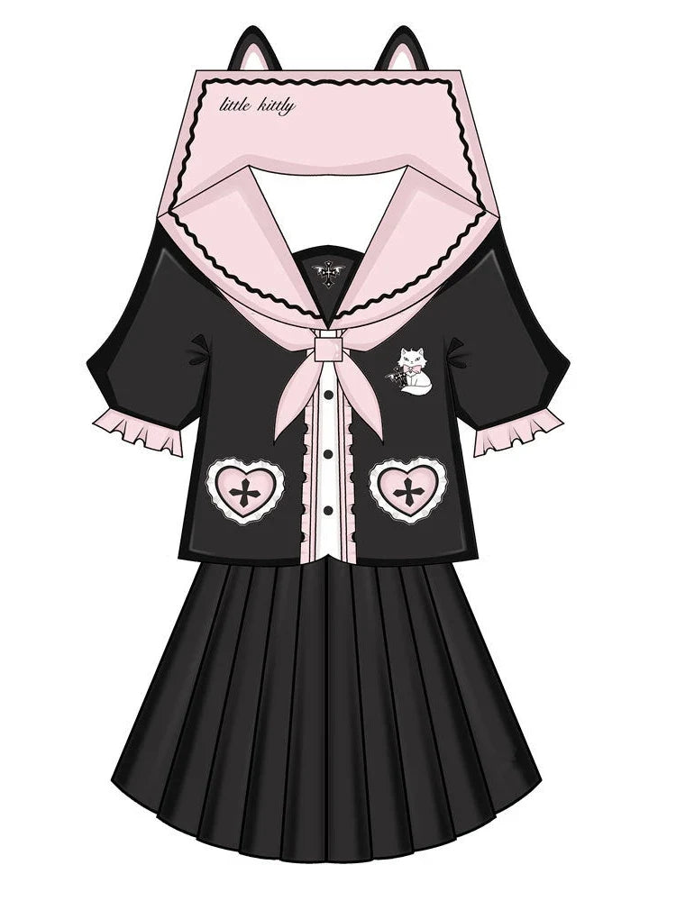 Kawaii Cat Embroidery Blouse and Pleated Mini Skirt Set lifestyle