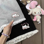Japanese Cartoon Cat Embroidery Lotus Leaf Edge Shorts