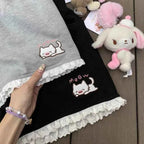 Japanese Cartoon Cat Embroidery Lotus Leaf Edge Shorts