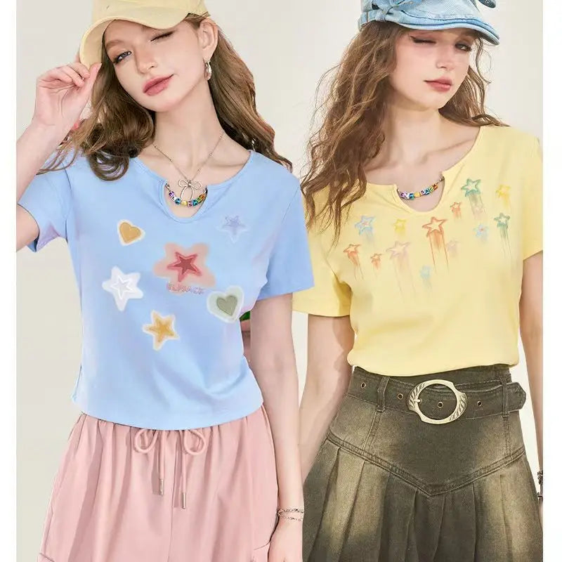 Women Summer Fashion Star Print Chain Slim Short T-Shirts - Vusy Kawaii Shop