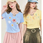 Women Summer Fashion Star Print Chain Slim Short T-Shirts - Vusy Kawaii Shop