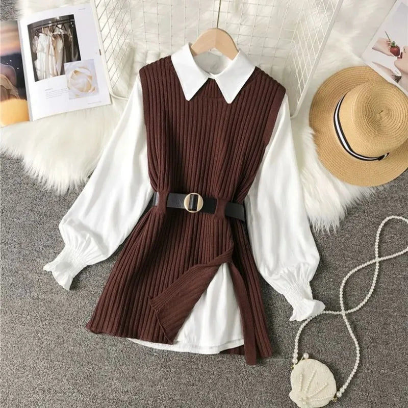 Brown preppy knit vest with white shirt and pleated skirt, product photo 11