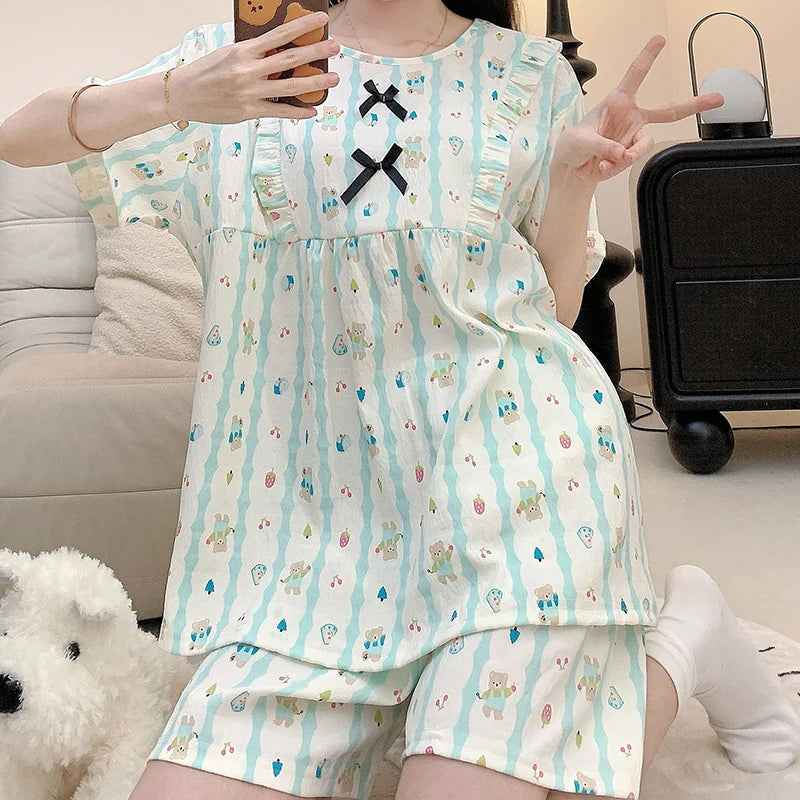 Cloud Cotton Pajamas Ladies Cartoon Striped Print Short Sleeve Shorts Student Casual Simple Nightwear Women Sleepwear 2PCS/Set