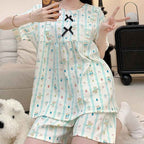 Cloud Cotton Pajamas Ladies Cartoon Striped Print Short Sleeve Shorts Student Casual Simple Nightwear Women Sleepwear 2PCS/Set