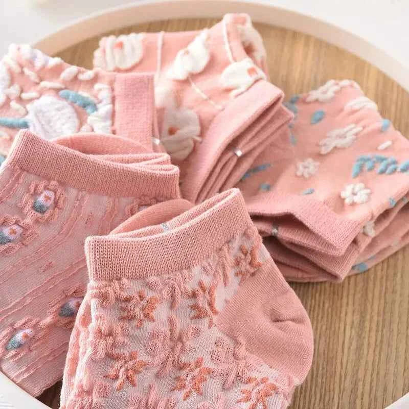 5 Pairs of Kawaii Cute Flower 3D Textured Ankle Socks - Vintage Style Thin Low Cut Hosiery for Womenity Pink Boat Socks Female