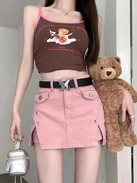 Kawaii Pink Mini Skirts Aesthetic Sweet Cute High Sweet Slim