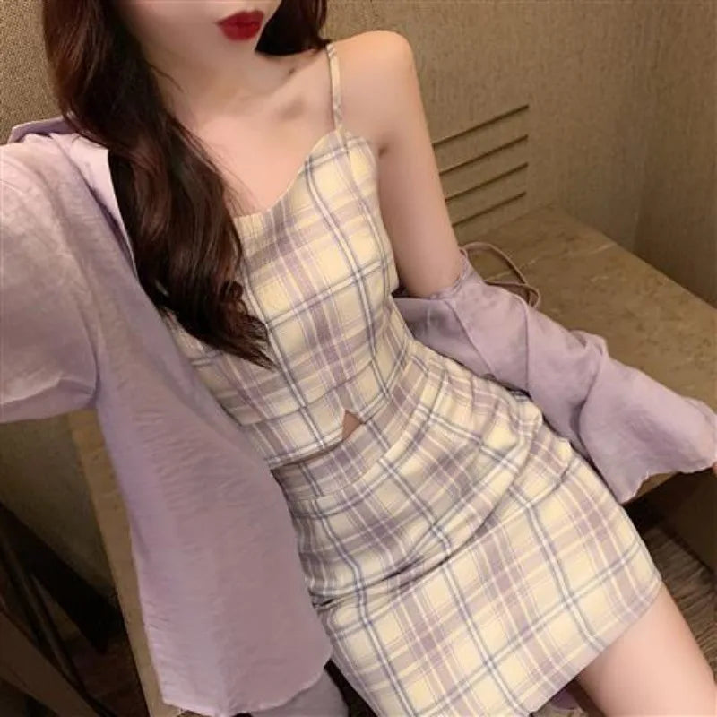 Plaid 2 Skirt Piece Set Korean Style Wide Leg Autumn - Vusy Kawaii Shop
