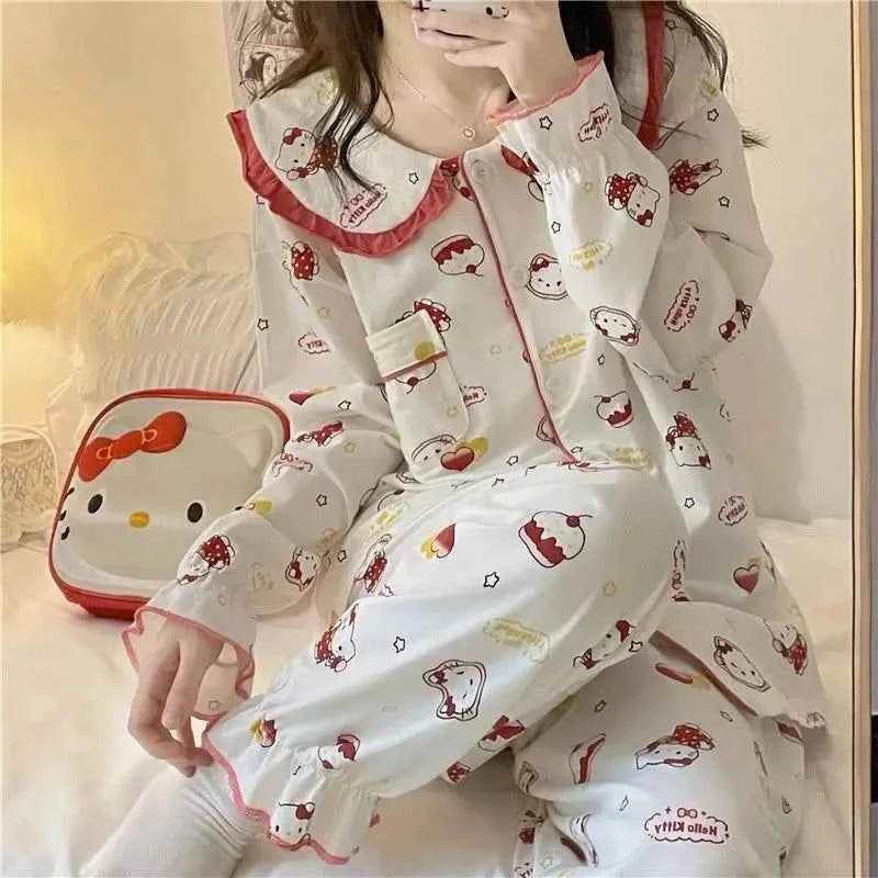 Anime Sanrioed Hello Kittys Pajamas Set Women's Clothing Kawaii Cartoon Kuromi Long Sleeves Student Home Wear Nightgown Suit