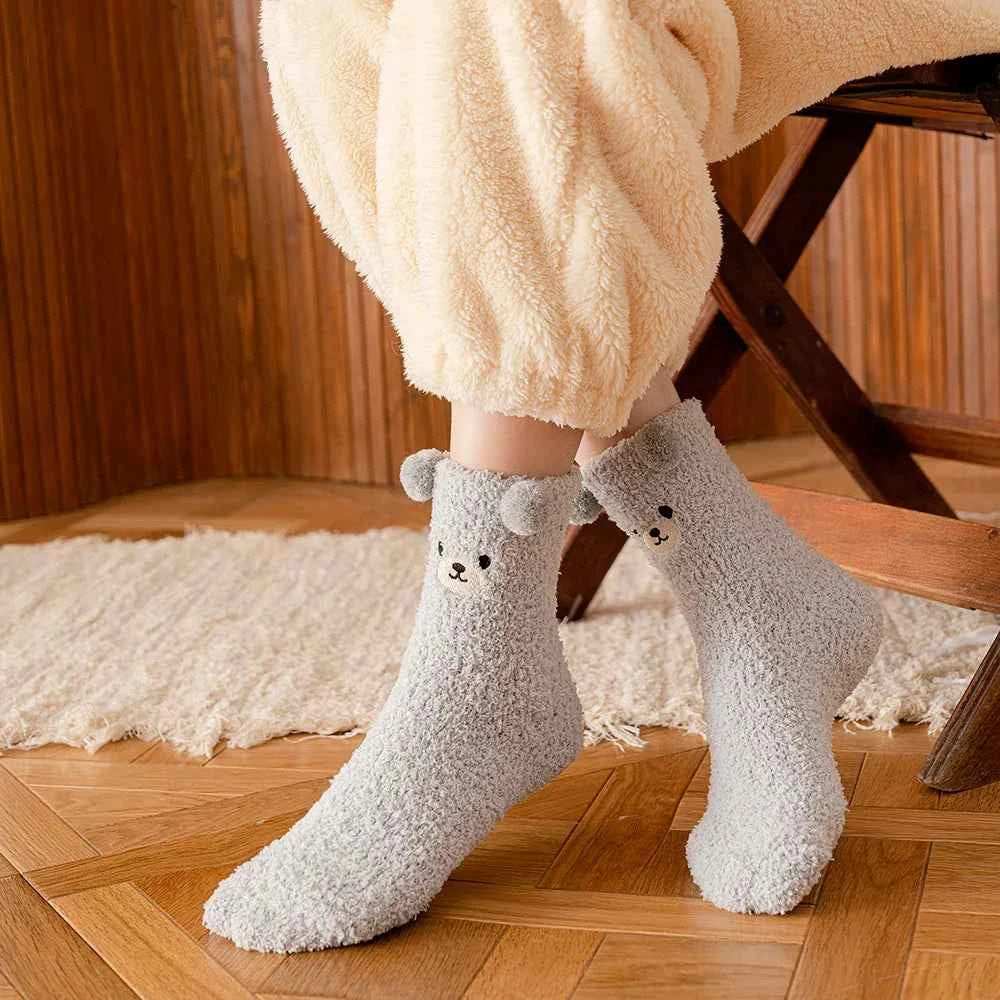 5/6/12 PCS Cartoon Animal Socks Women Warm Plush Mid-calf Sock 6 Colors Fleece Sock Set Home Floor Sleeping Winter